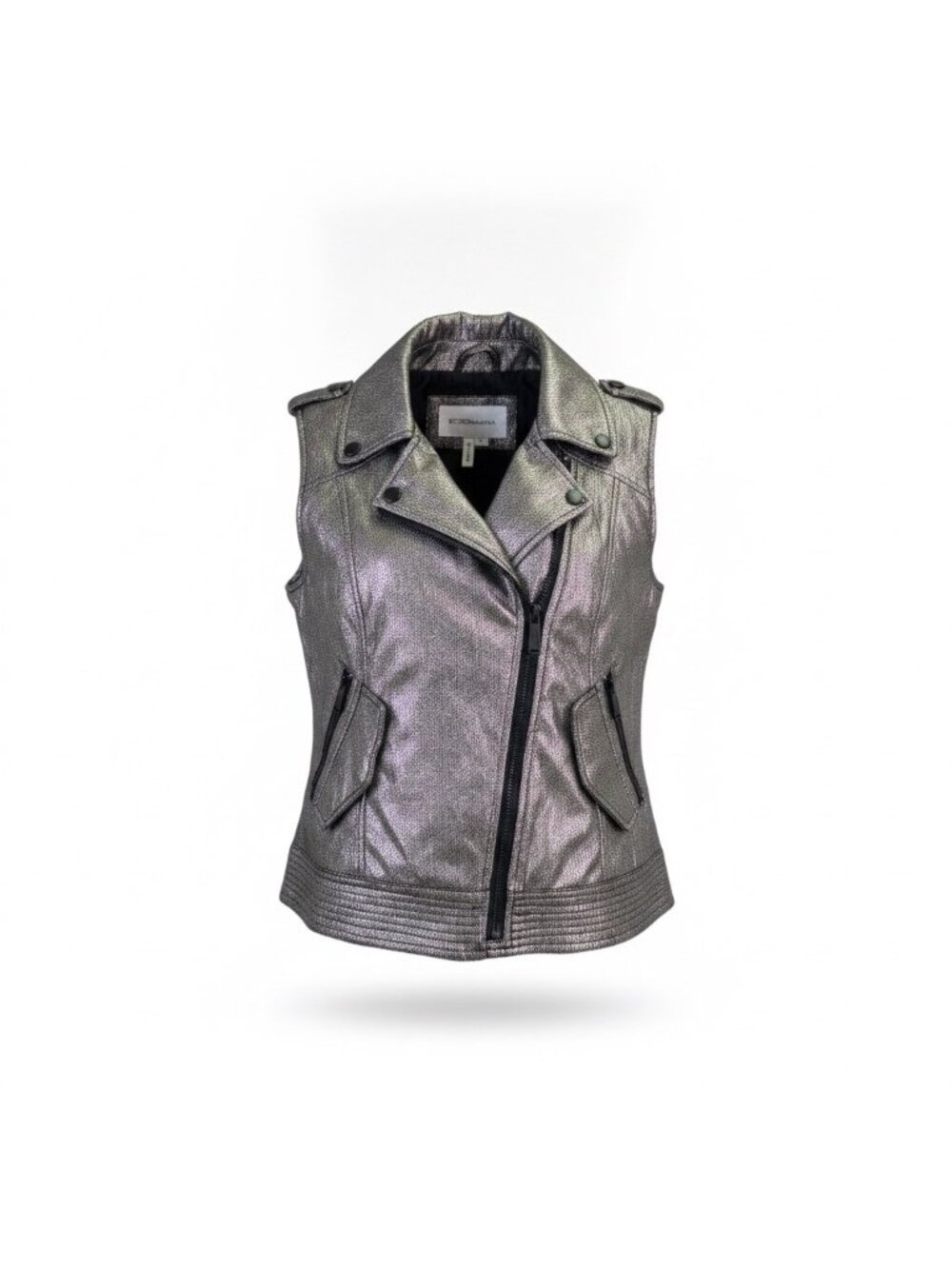 BCBG Generation Womens Silver Metallic Moto Vest Zip-Up Style Size S